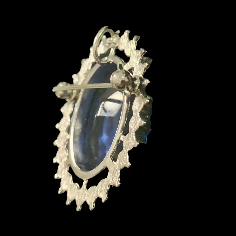 Blue Faceted Glass Pendant or Brooch Combo Silver Tone with Rhinestones - Picture 12 of 12